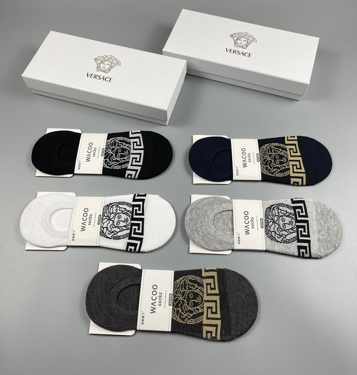 Versace Cotton Visible Logo, Stripe Or Motif Details Crew Socks - 5-Pair Set