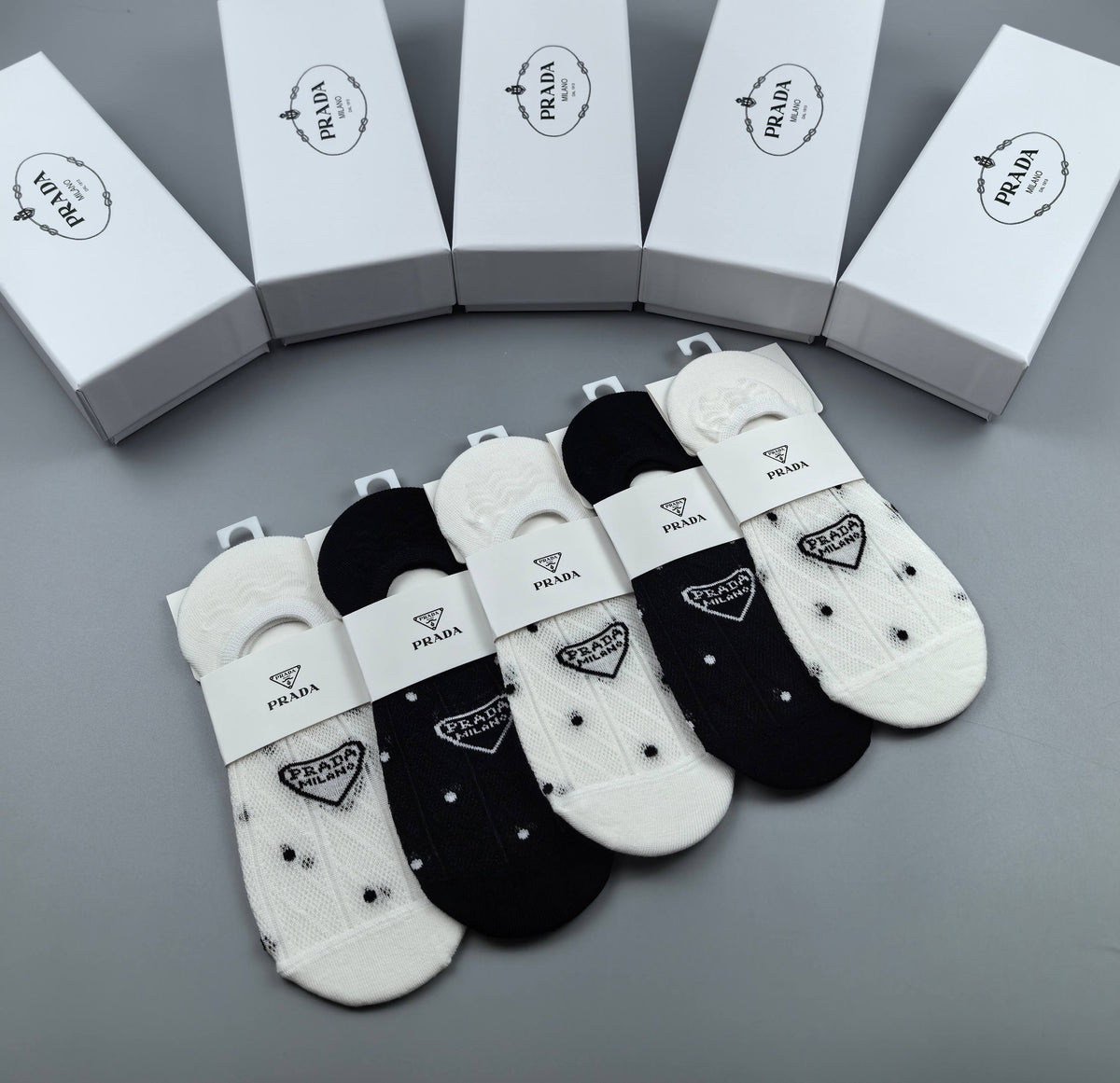 Prada Combed cotton Visible Logo, Stripe Or Motif Details Crew Socks - 5-Pair Set