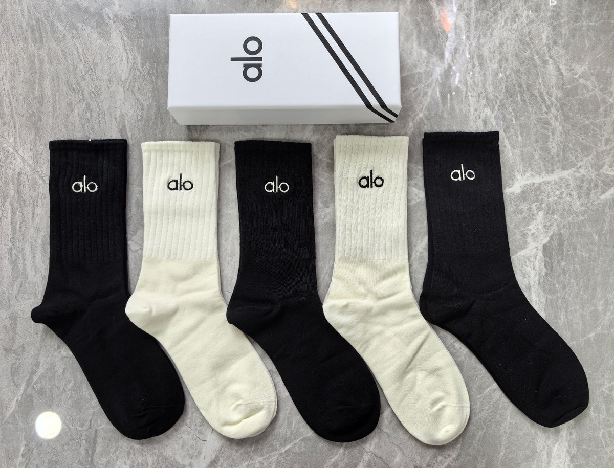 Alo Cotton Blue, Green & White Tonal Waistbands Crew Socks - 5-Pair Set