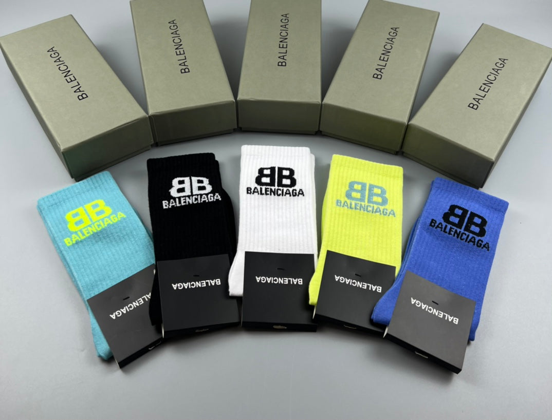 Balenciaga Bright Block Logo Mid-Calf Socks - 5-Pair Box