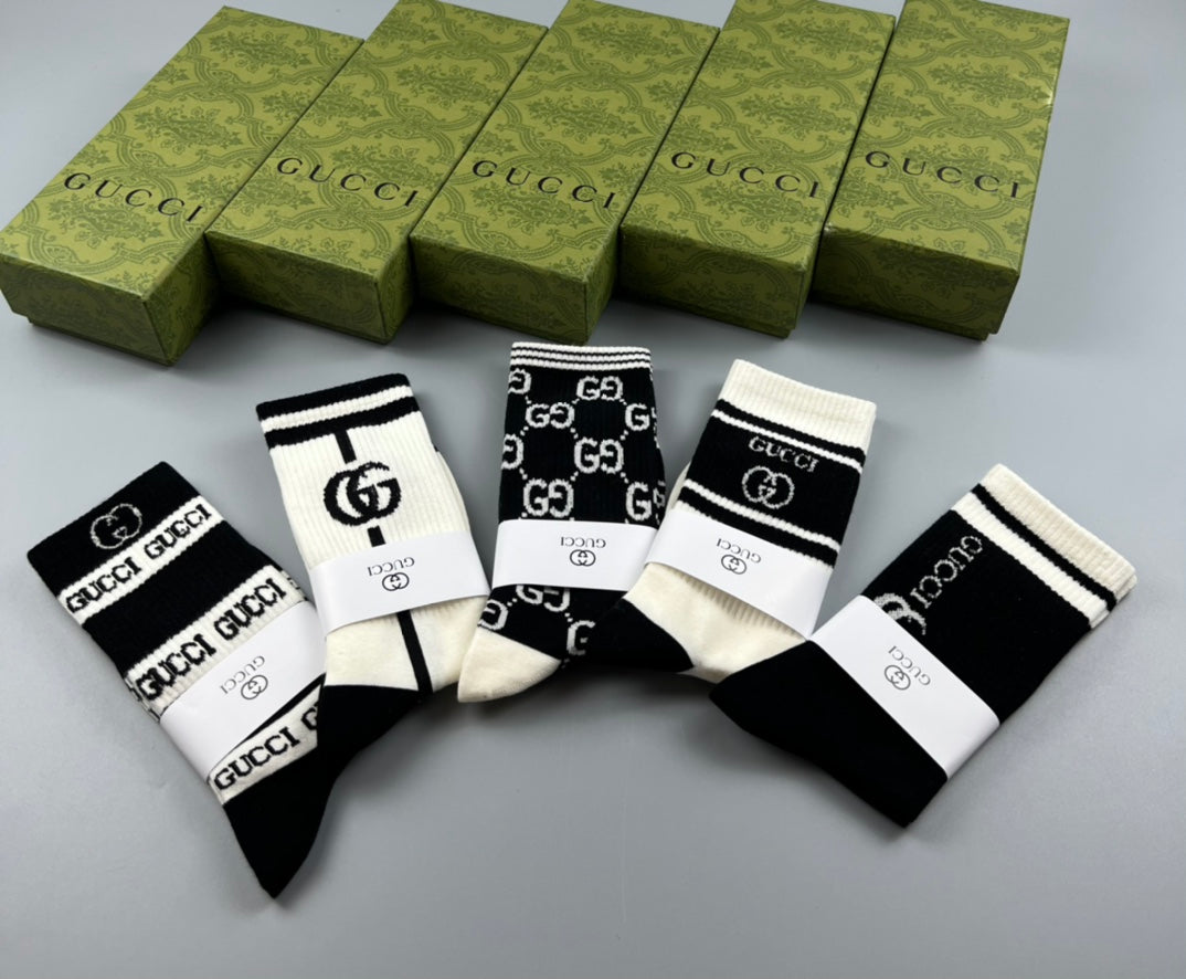 Gucci Cotton Mixed Monogram-Style Patterns And Wordmarks Crew Socks - 5-Pair Set
