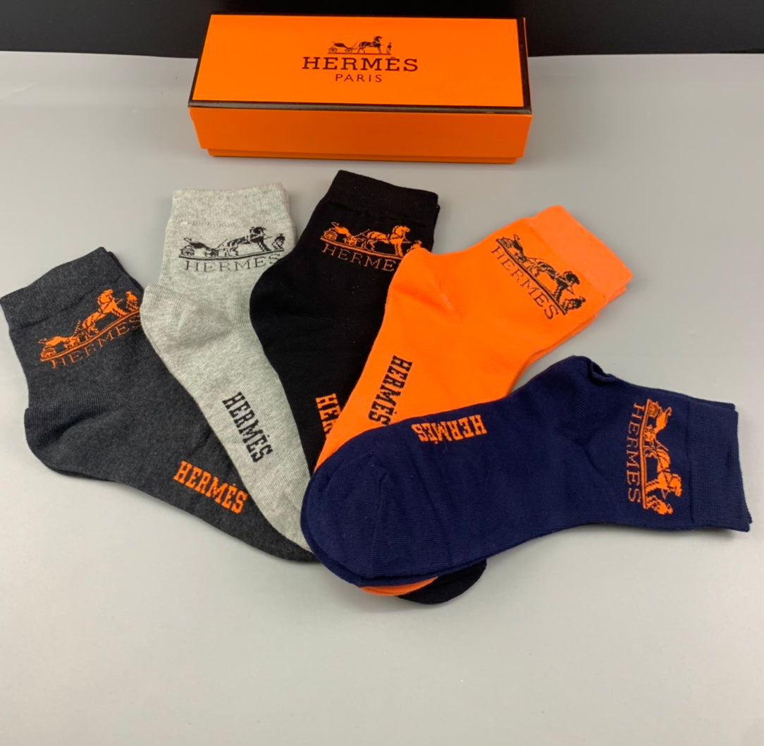Hermes Cotton Small Embroidered Logo Details Crew Socks - 5-Pair Set