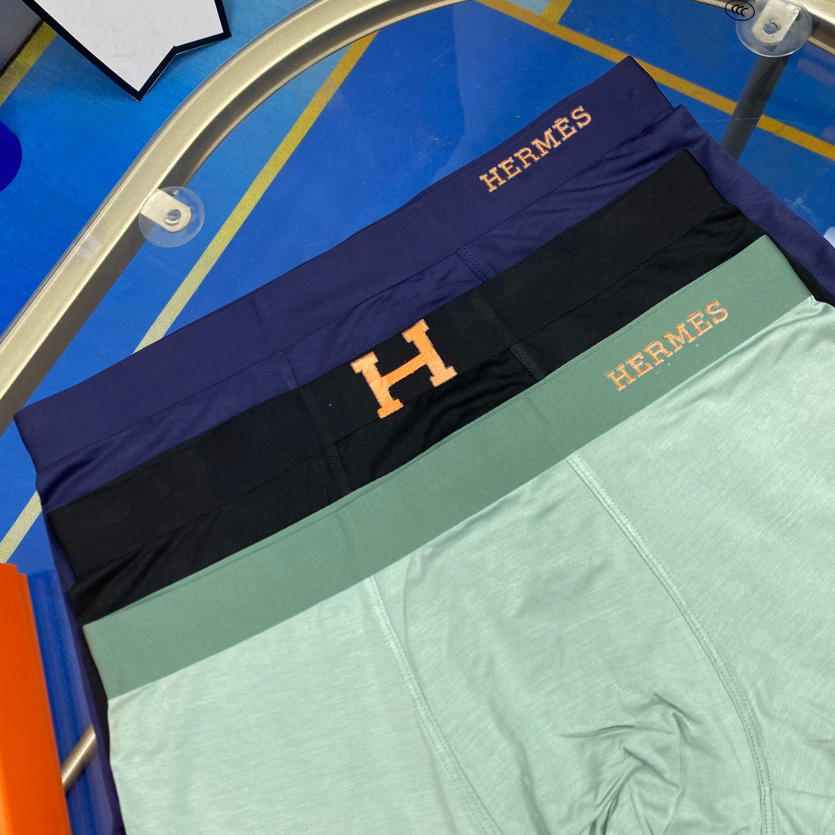Hermes Blue, Green & White Tonal Waistbands Men's Boxer Briefs - 3-Piece Box