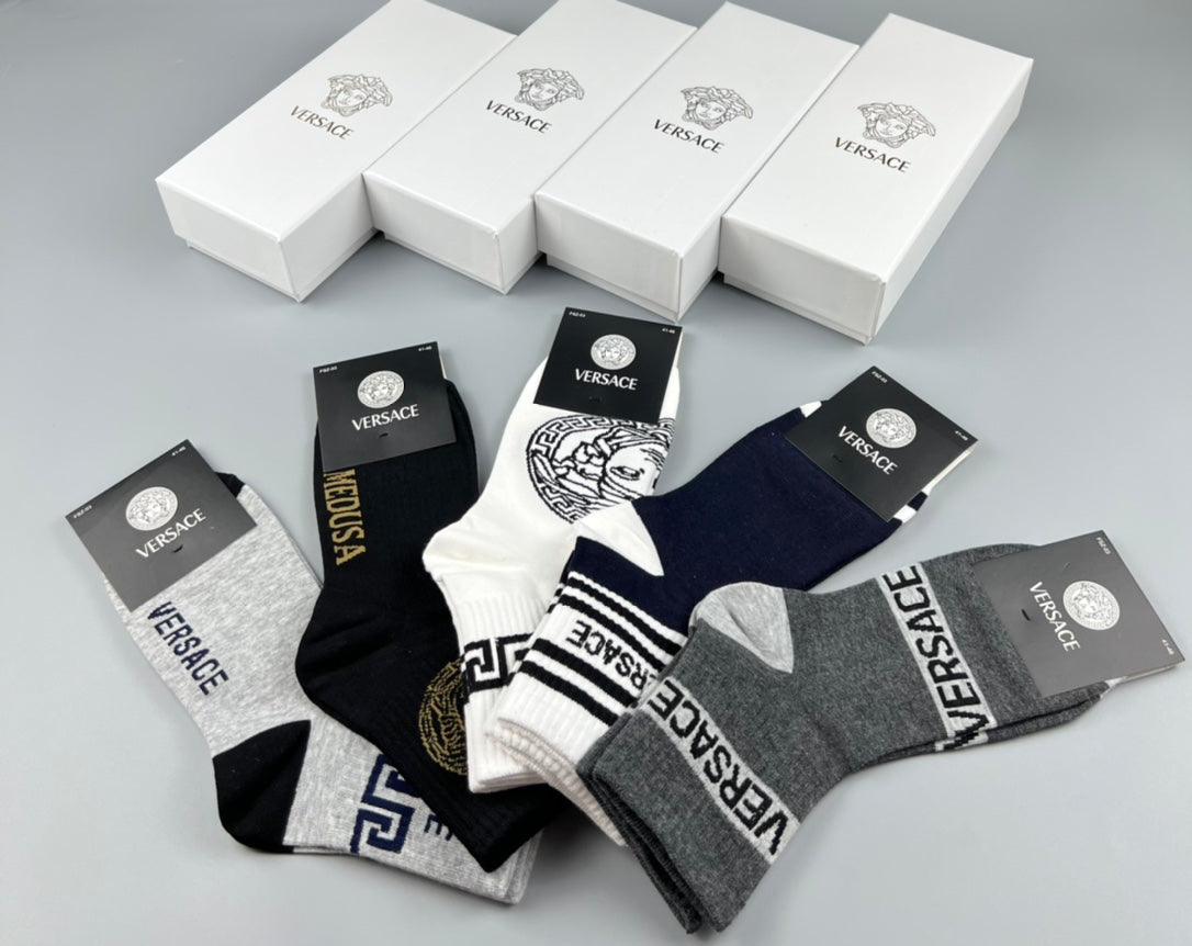 Versace Mixed Greek-Key And Medallion Graphics Crew Socks - 5-Pair Set