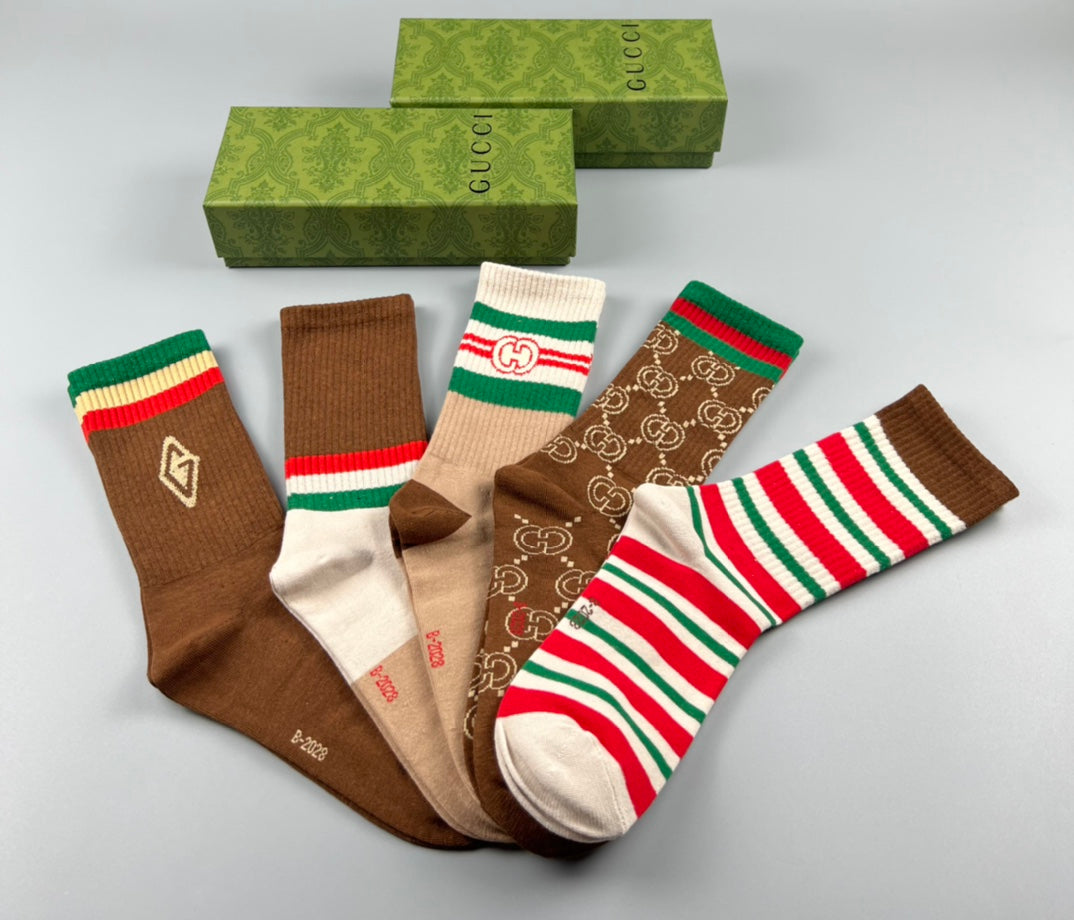 Gucci Brown Monogram Crew Socks - Box of 5 Pairs