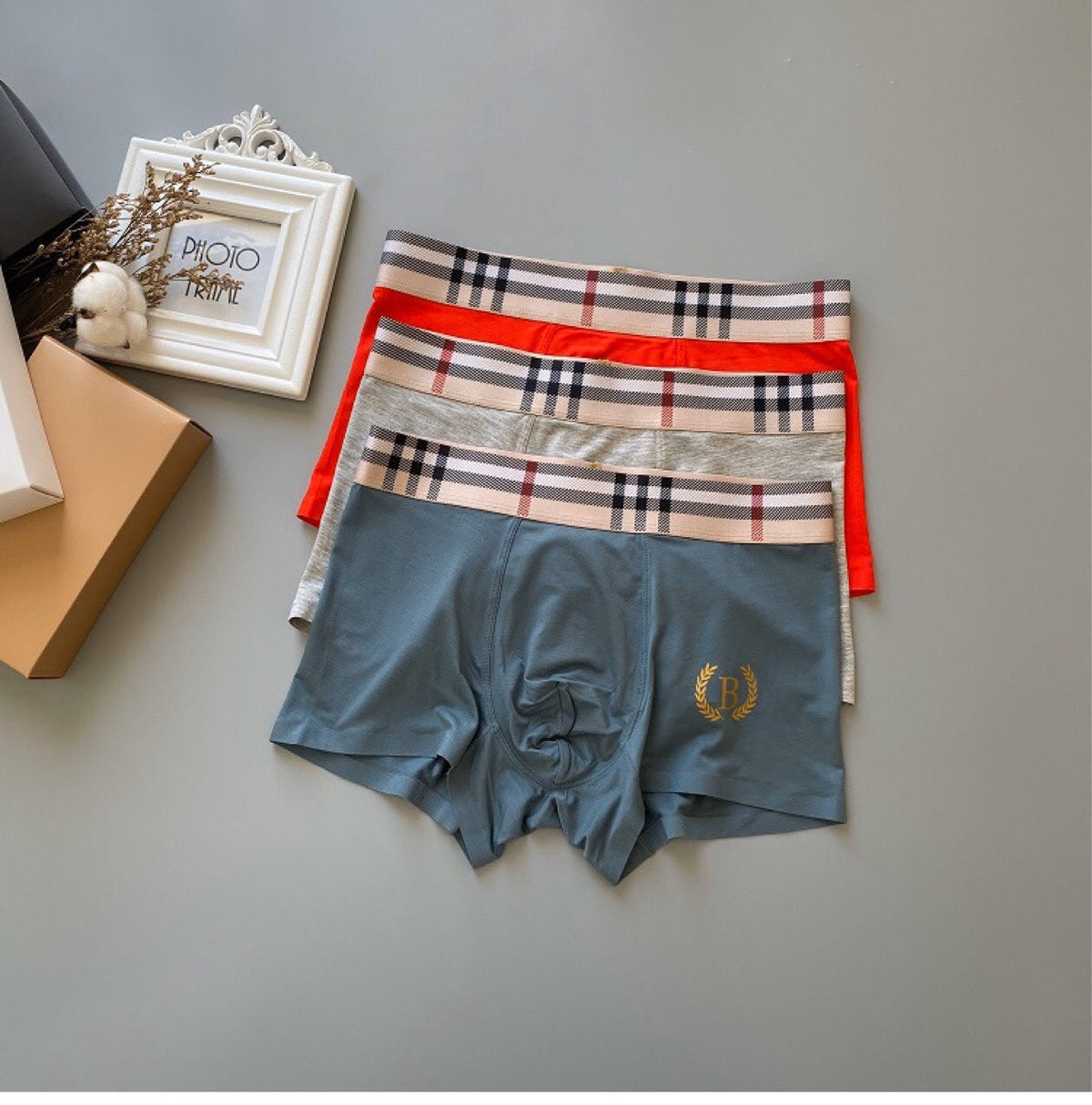 Burberry Check-Inspired Waistbands And Gold-Tone Crest Details Men's Boxer Briefs - 3-Piece Box