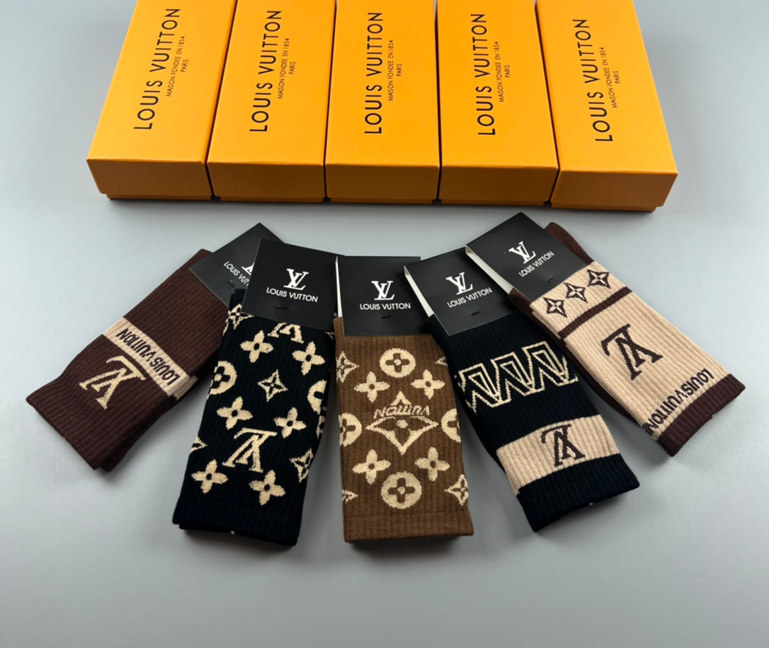 Louis Vuitton Cotton Varied Monogram-Style Motifs Crew Socks - 5-Pair Set
