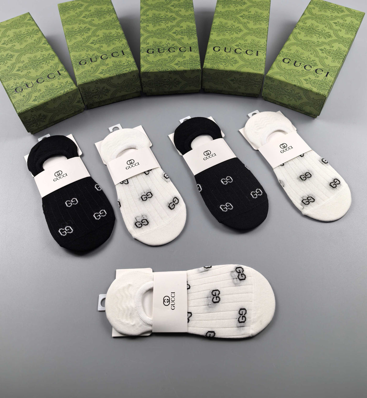 Gucci Cotton Visible Logo, Stripe Or Motif Details No-Show Socks - 5-Pair Set