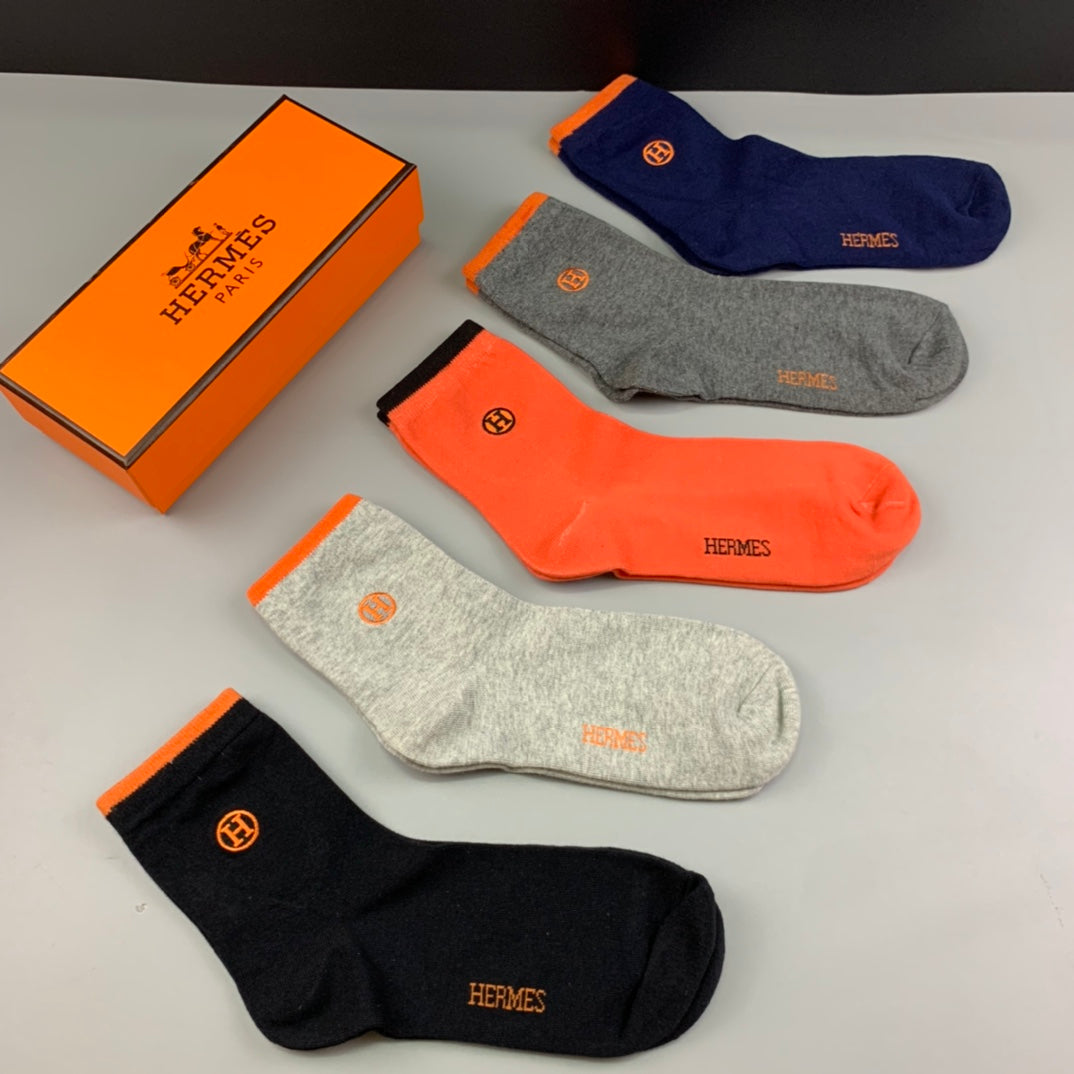 Hermes Cotton Understated Emblem Crew Socks - 5-Pair Set