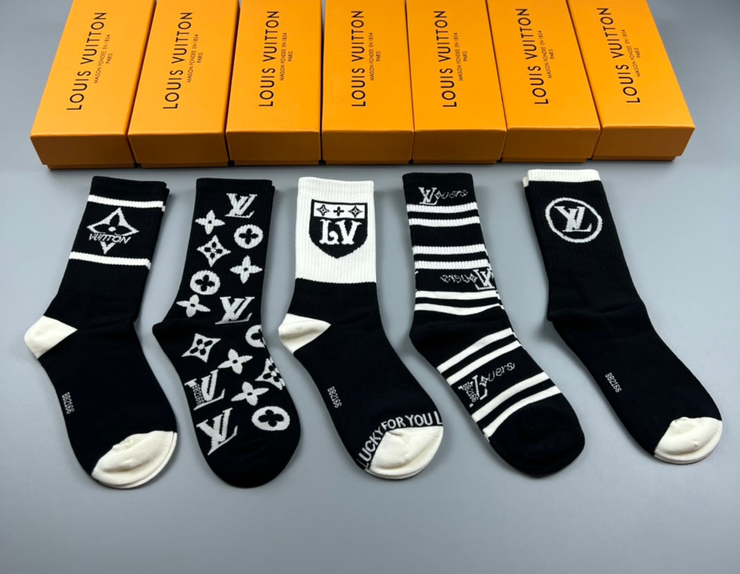 Louis Vuitton Cotton Varied Initial And Monogram-Style Graphics Crew Socks - 5-Pair Set
