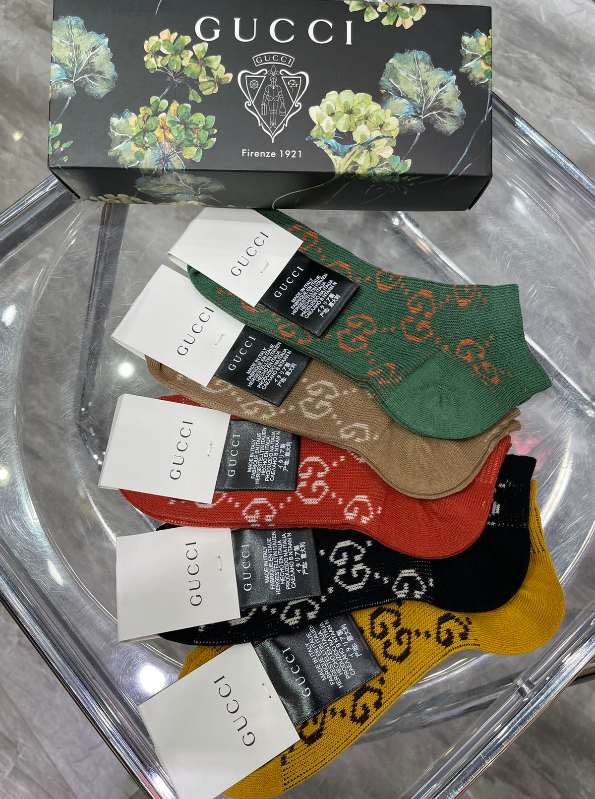 Gucci Floral-Box Monogram Crew Socks - Box of 5 Pairs