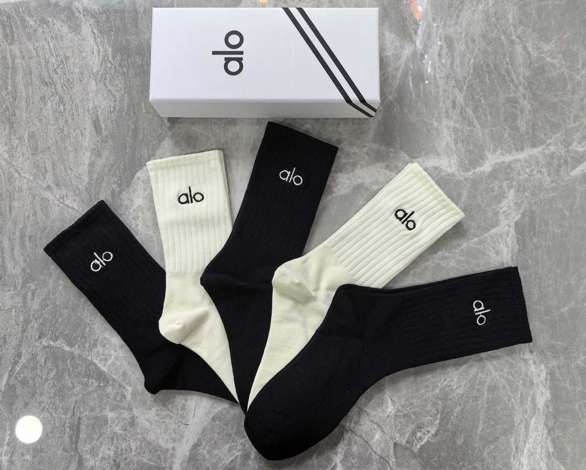 Alo Cotton Blue, Green & White Tonal Waistbands Crew Socks - 5-Pair Set