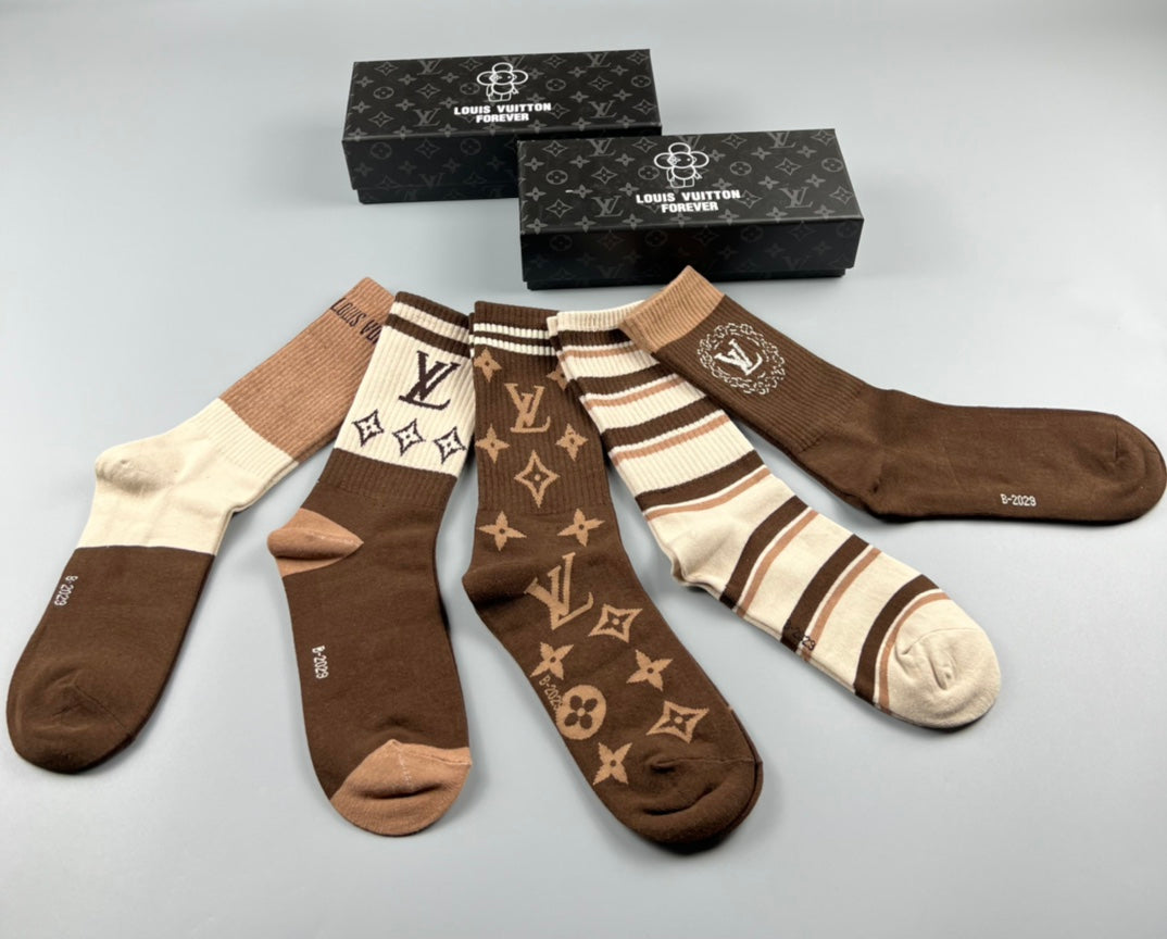 Louis Vuitton Cotton Stripes And Monogram-Style Motifs Crew Socks - 5-Pair Set