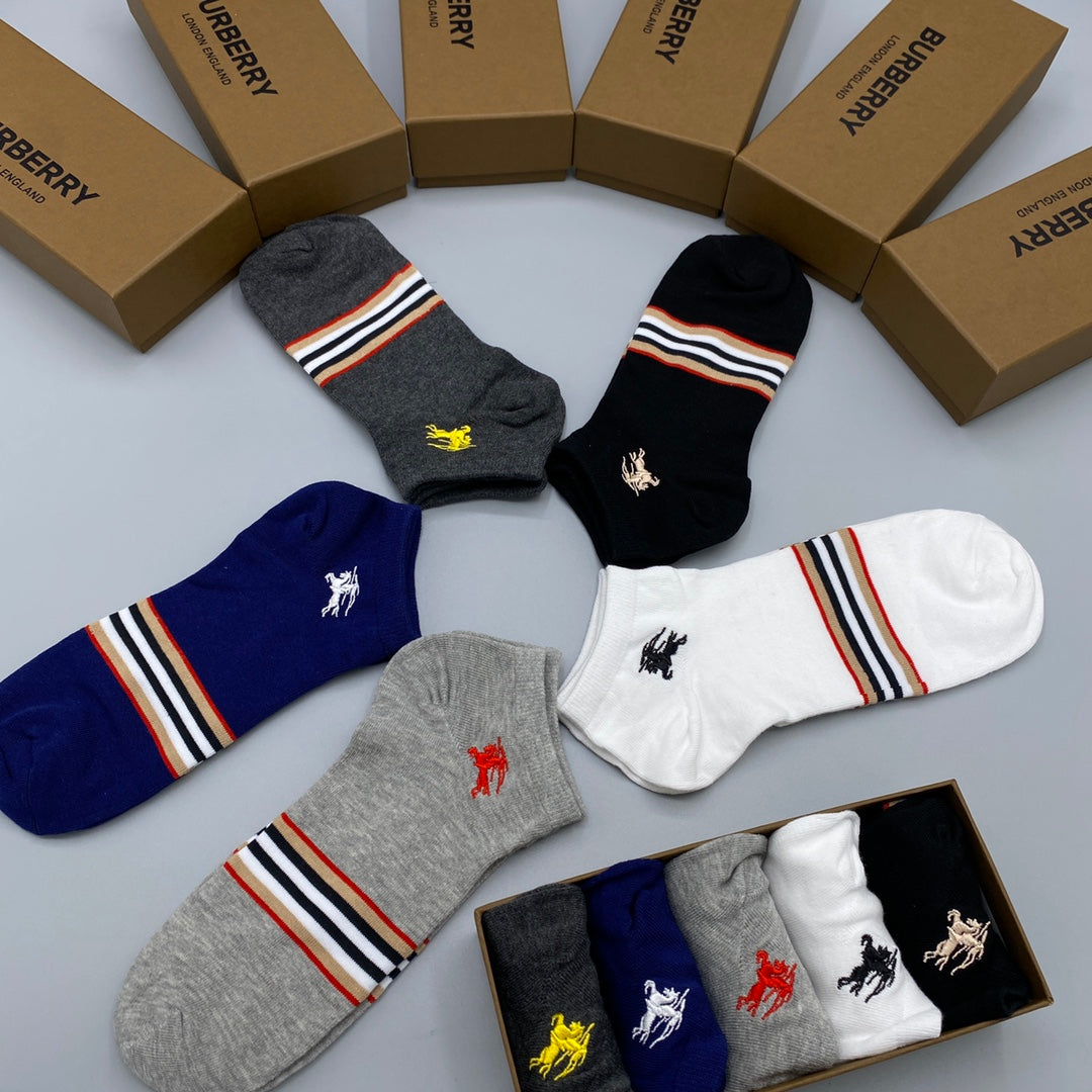 Burberry Stripes And Horse Details Ankle Socks - 5-Pair Set