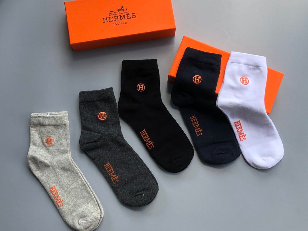 Hermes Orange Horse And Wordmark Crew Socks - 5-Pair Set