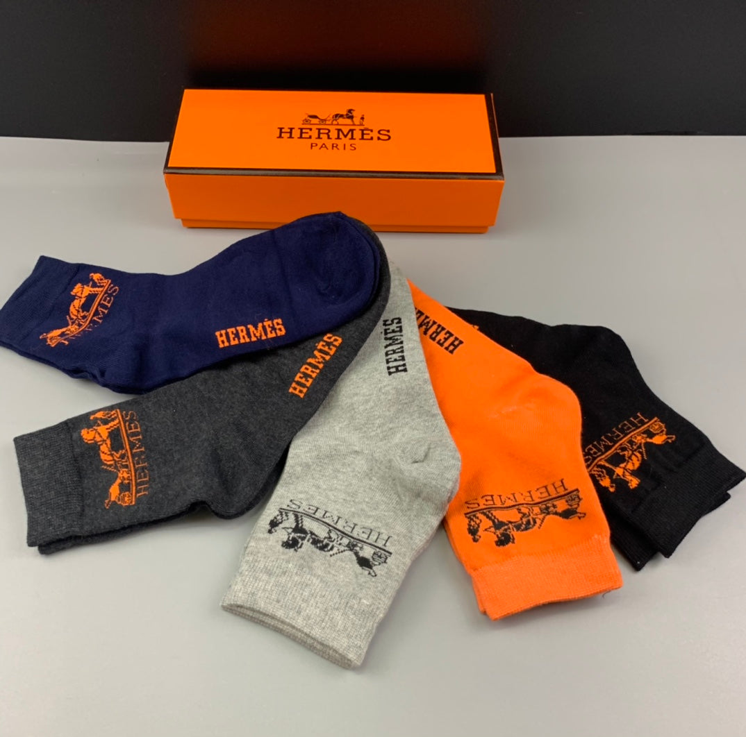 Hermes Cotton Small Embroidered Logo Details Crew Socks - 5-Pair Set
