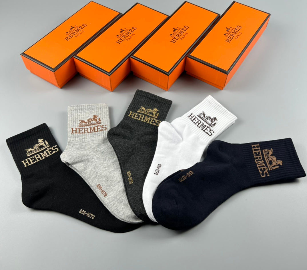 Hermes Cotton Varied Horse And Wordmark Crew Socks - 5-Pair Set