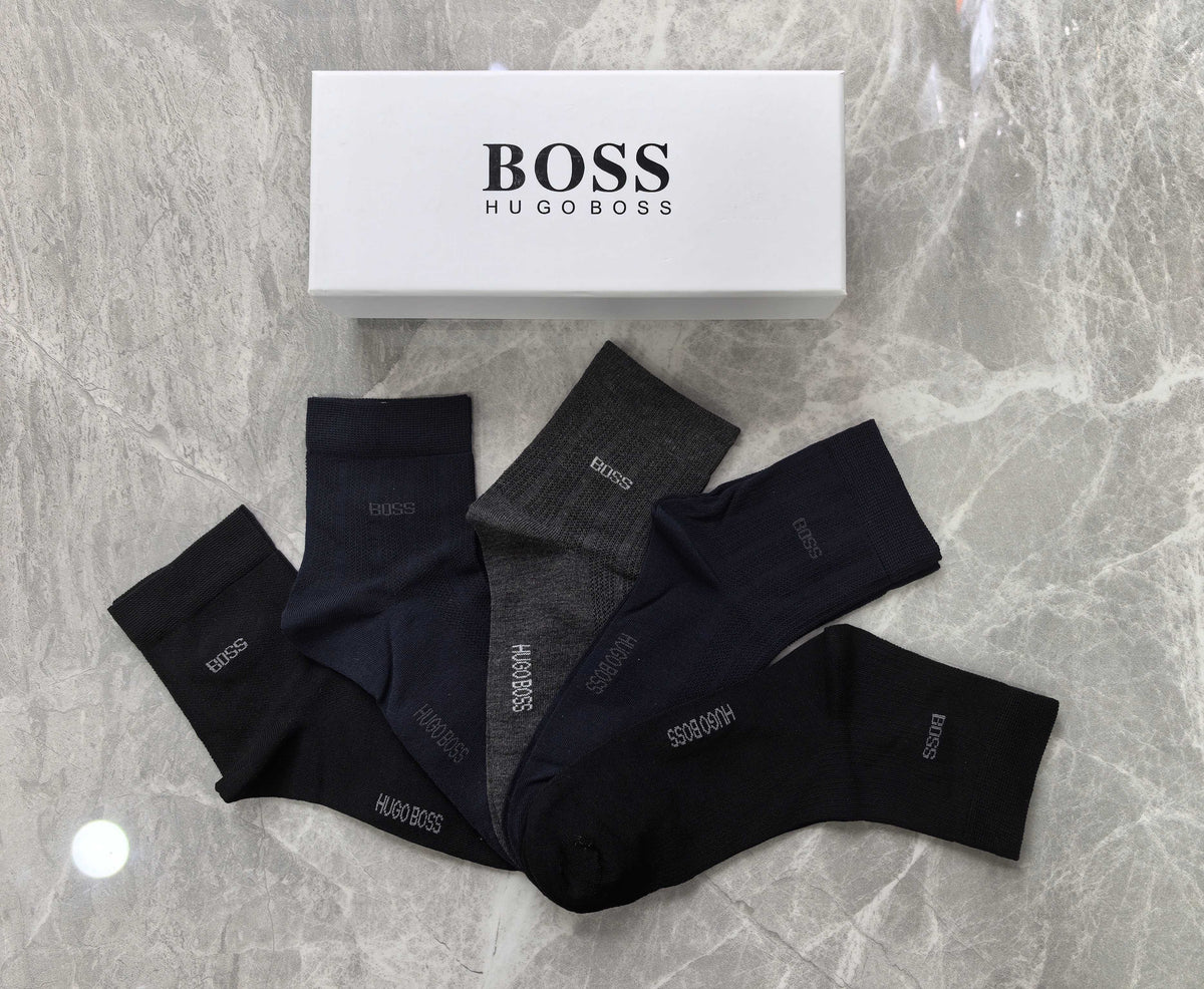 Boss Modal Simple Contrast Branding Mid-Calf Socks - 5-Pair Set