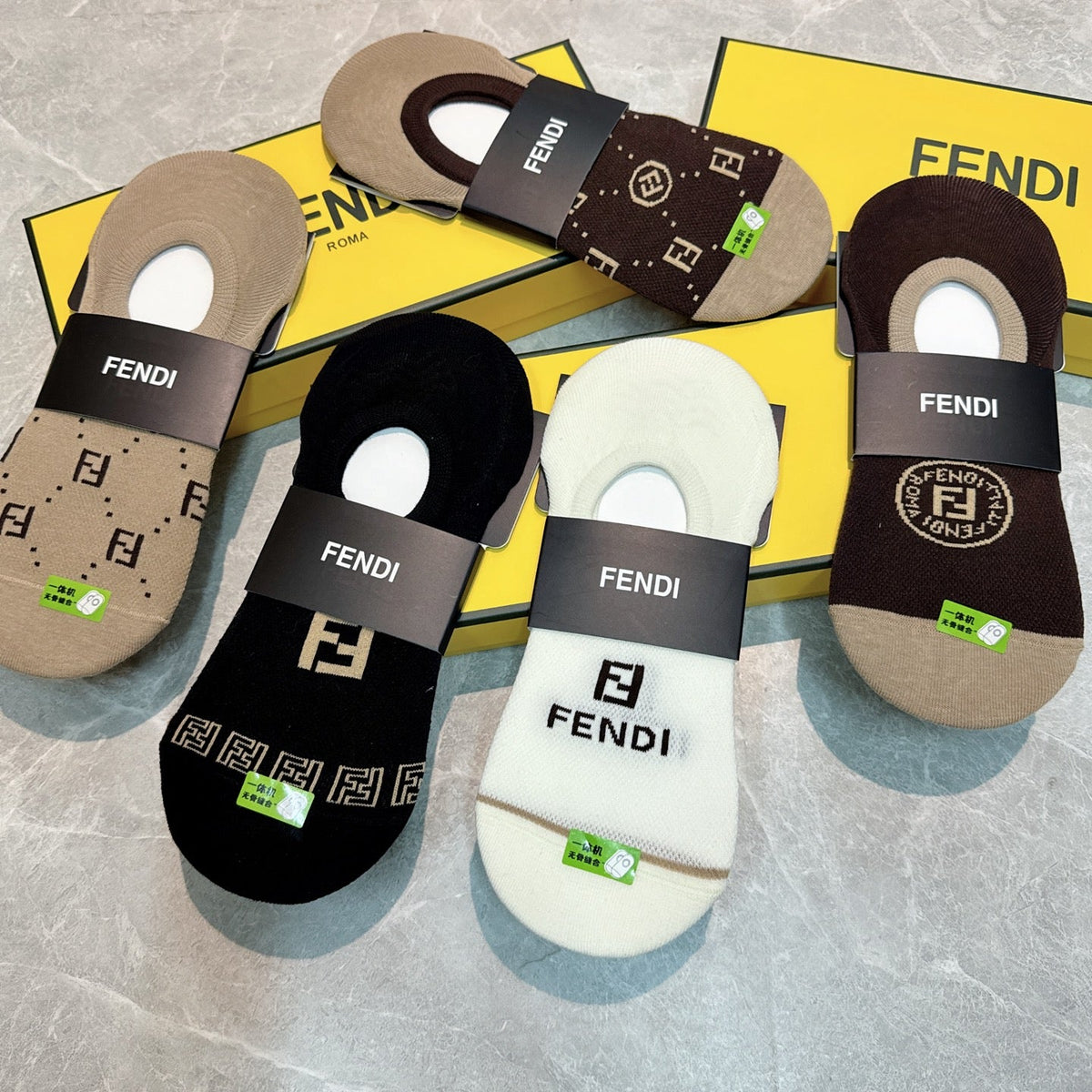 Fendi Cotton Visible Logo, Stripe Or Motif Details No-Show Socks - 5-Pair Set