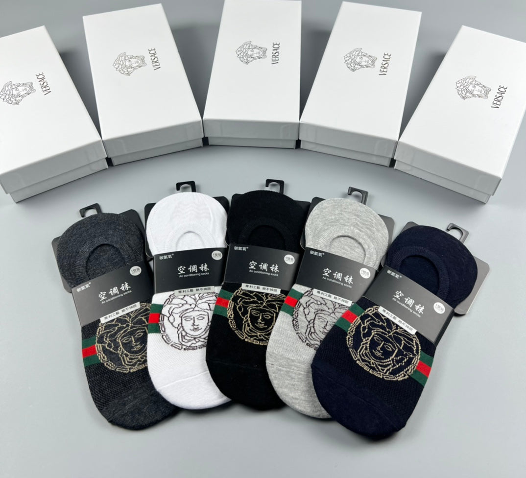 Versace Cotton Visible Logo, Stripe Or Motif Details No-Show Socks - 5-Pair Set