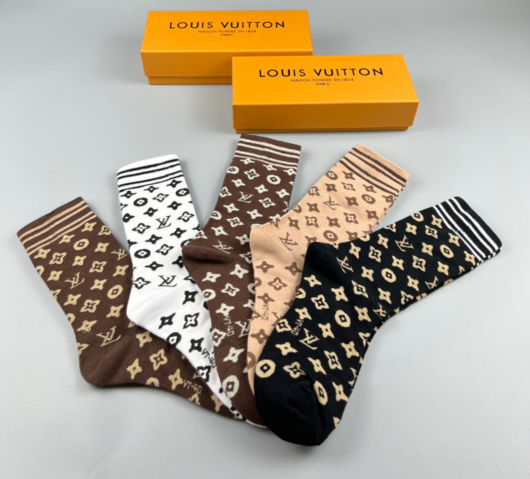 Louis Vuitton Cotton Mixed Monogram-Style Patterns Crew Socks - 5-Pair Set