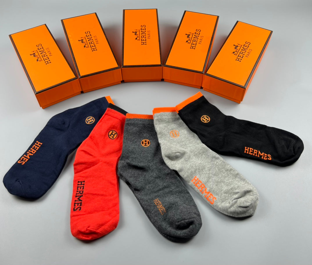 Hermes Cotton Horse And Wordmark Crew Socks - 5-Pair Set