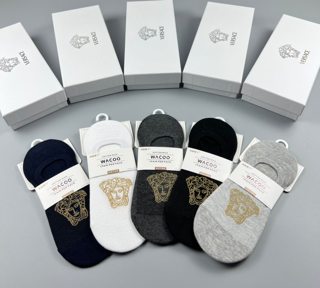 Versace Cotton Visible Logo, Stripe Or Motif Details No-Show Socks - 5-Pair Set