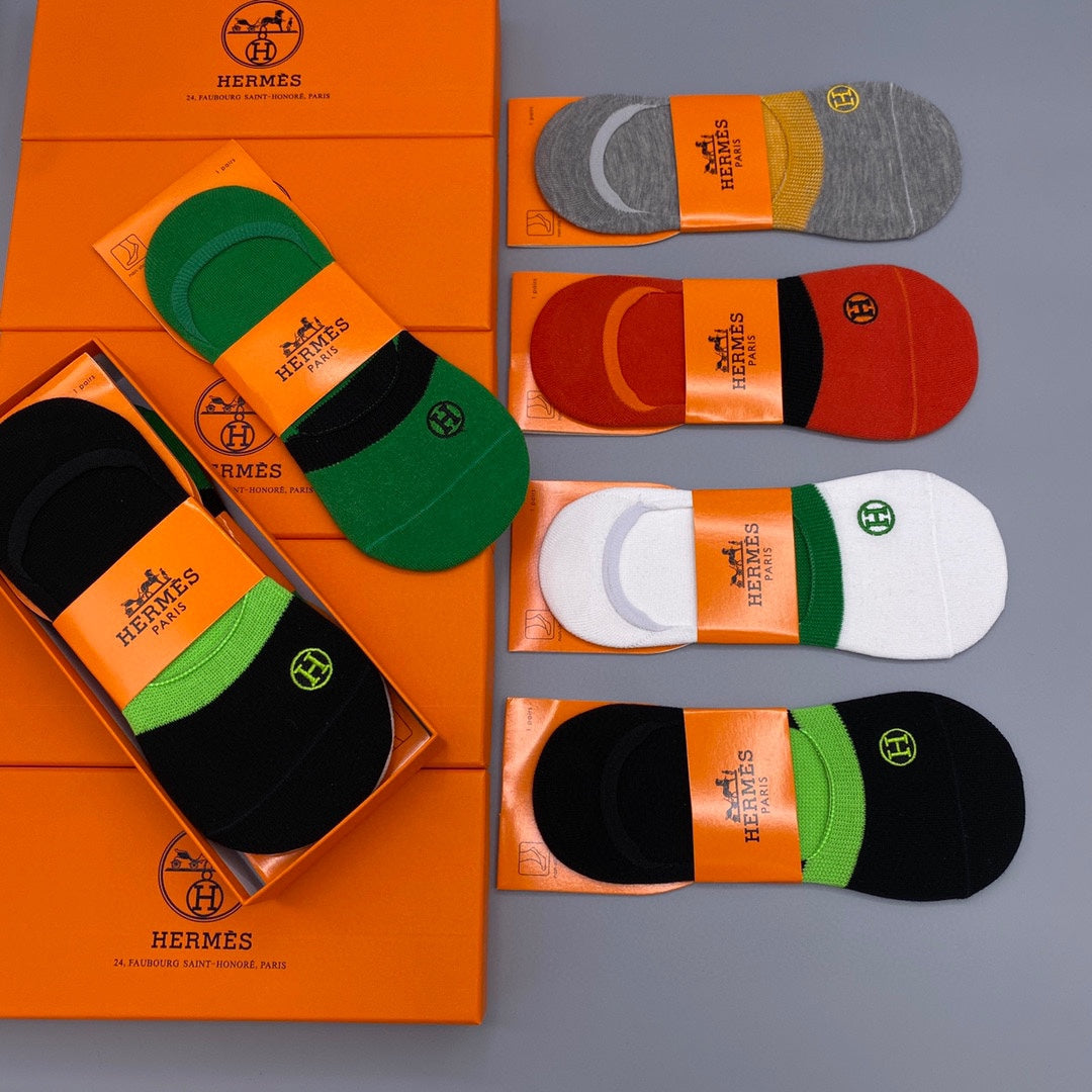 Hermes Cotton Visible Logo, Stripe Or Motif Details Crew Socks - 5-Pair Set