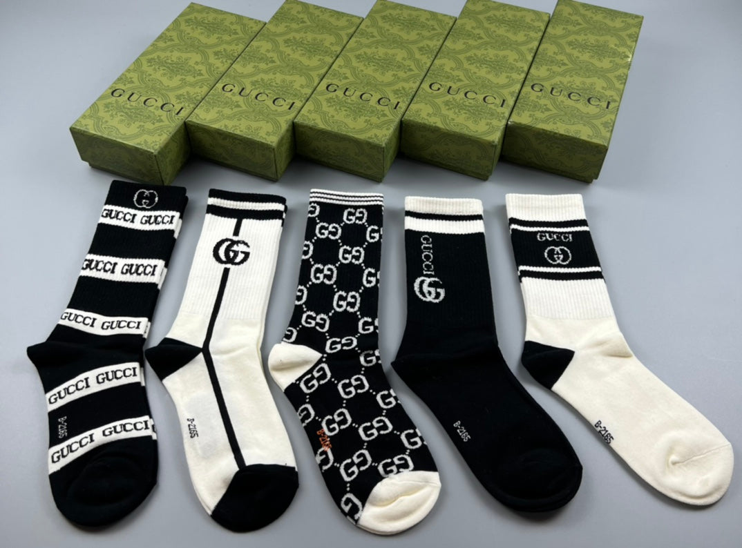 Gucci Cotton Mixed Monogram-Style Patterns And Wordmarks Crew Socks - 5-Pair Set