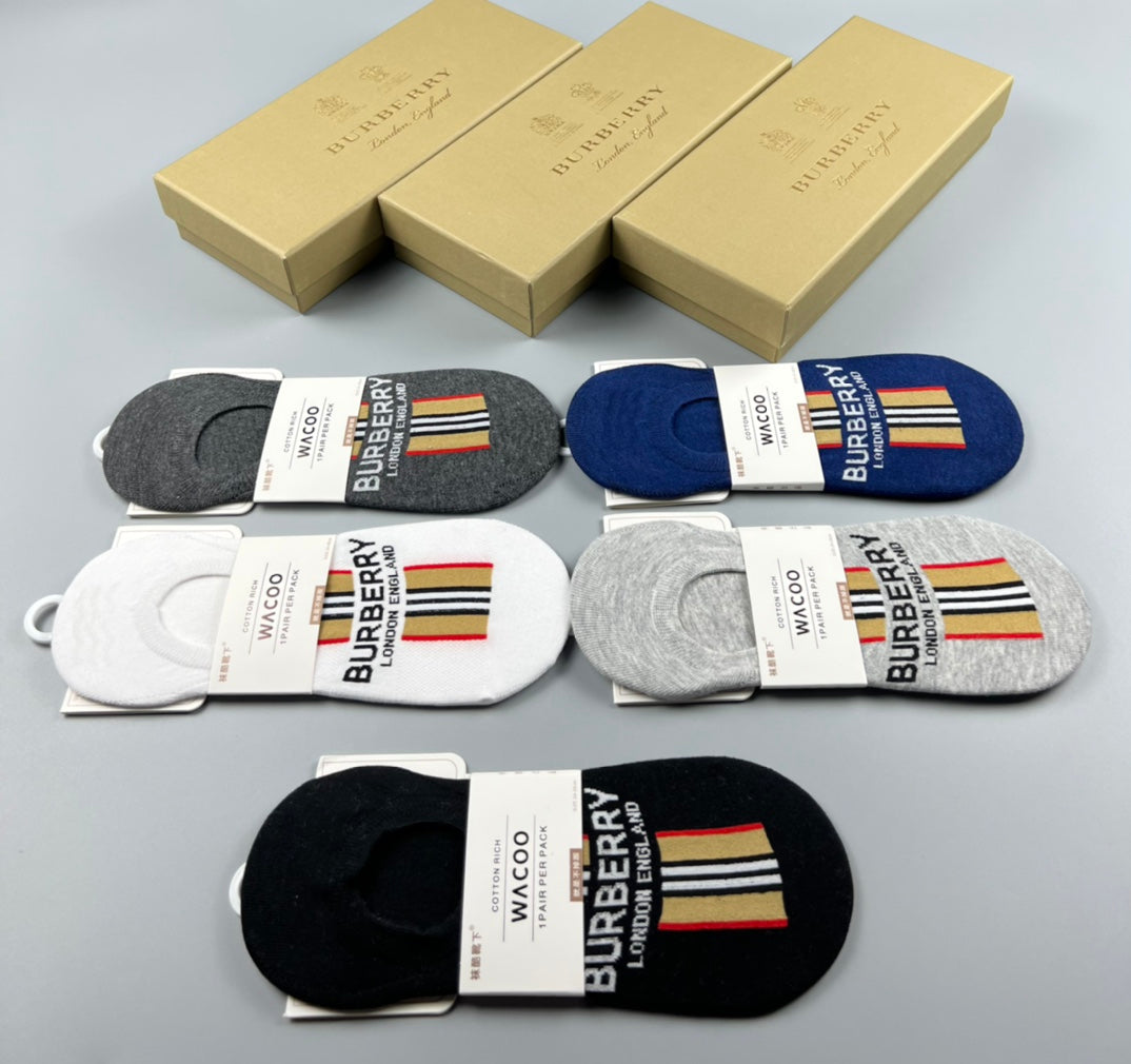 Burberry Cotton Visible Logo, Stripe Or Motif Details No-Show Socks - 5-Pair Set