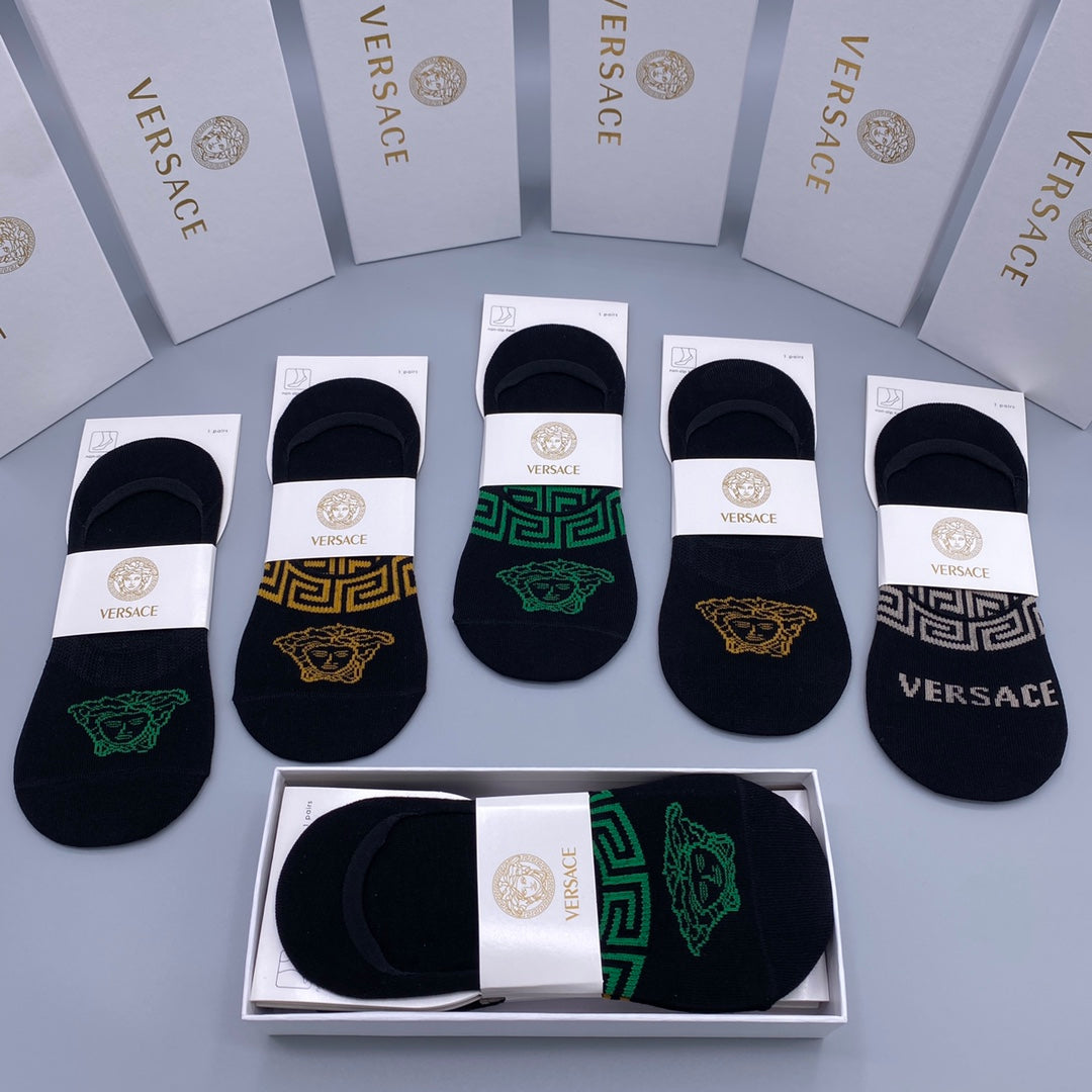 Versace Visible Logo, Stripe Or Motif Details No-Show Socks - 5-Pair Set
