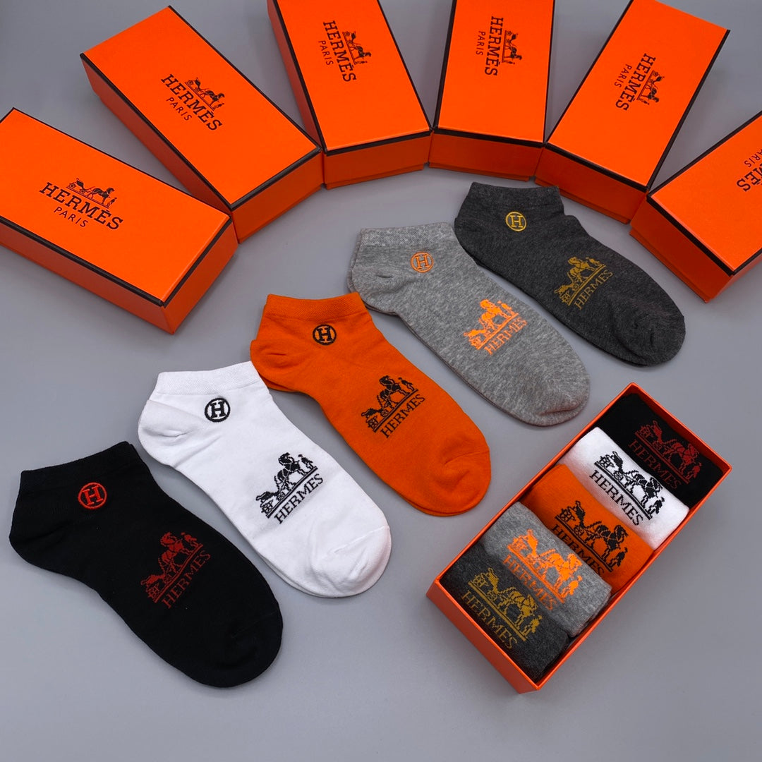 Hermes 200-needle combed cotton Contrast Wordmarks Ankle Socks - 5-Pair Set
