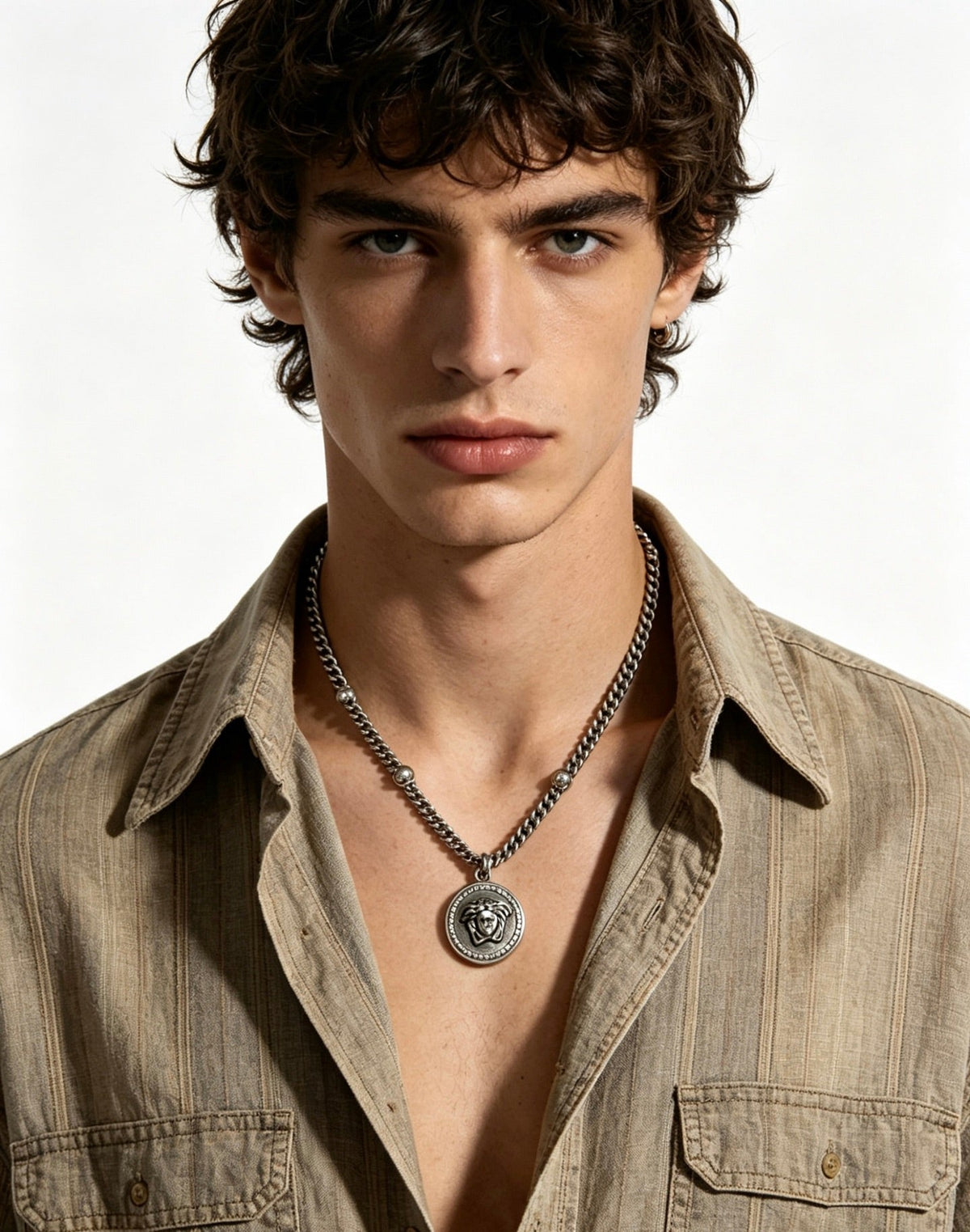 Martin Graham pendant necklace in polished metal-tone – side detail