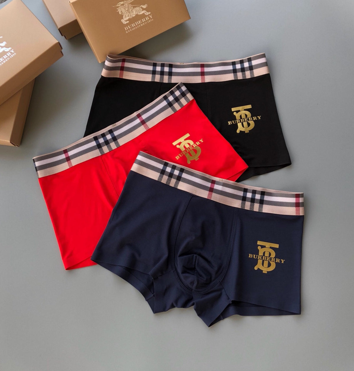 Burberry Check-Inspired Waistbands And Gold-Tone Crest Details Men's Boxer Briefs - 3-Piece Box