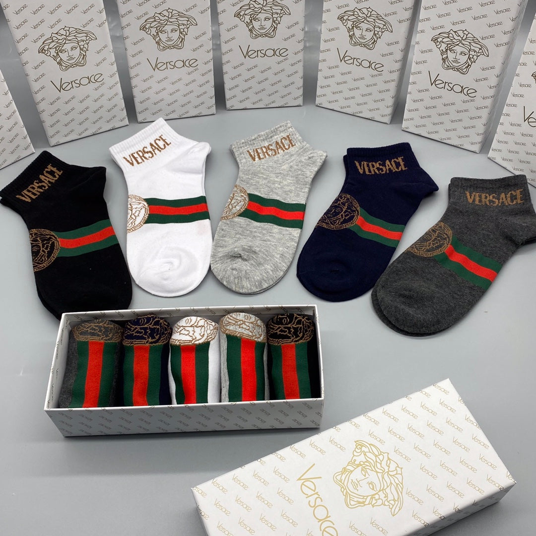 Versace Combed cotton Red-And-Green Stripe Accents Ankle Socks - 5-Pair Set