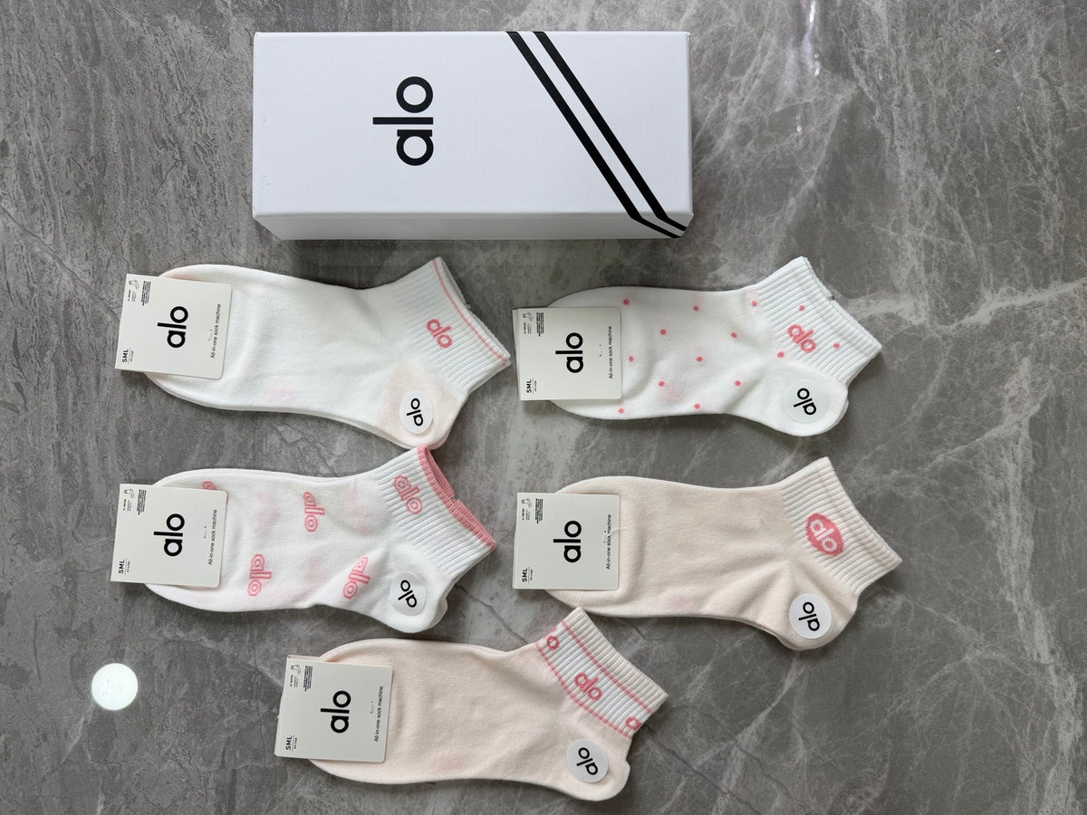 Alo Cotton Pink Accent Logos Ankle Socks - 5-Pair Set
