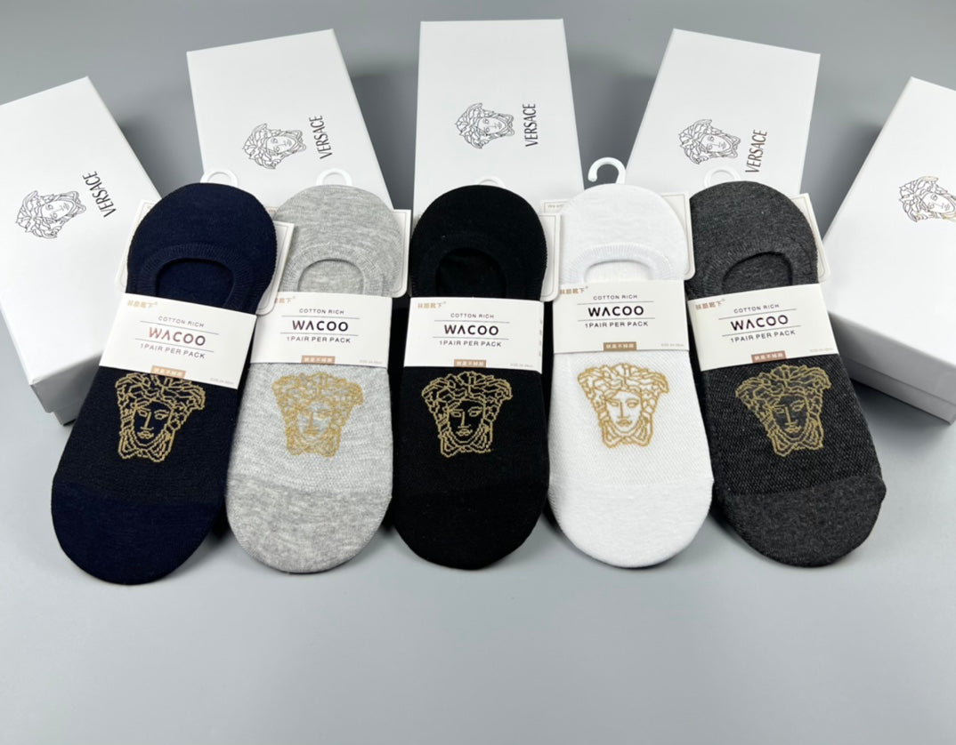 Versace Cotton Visible Logo, Stripe Or Motif Details No-Show Socks - 5-Pair Set