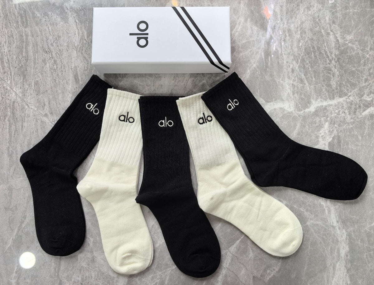 Alo Cotton Blue, Green & White Tonal Waistbands Crew Socks - 5-Pair Set