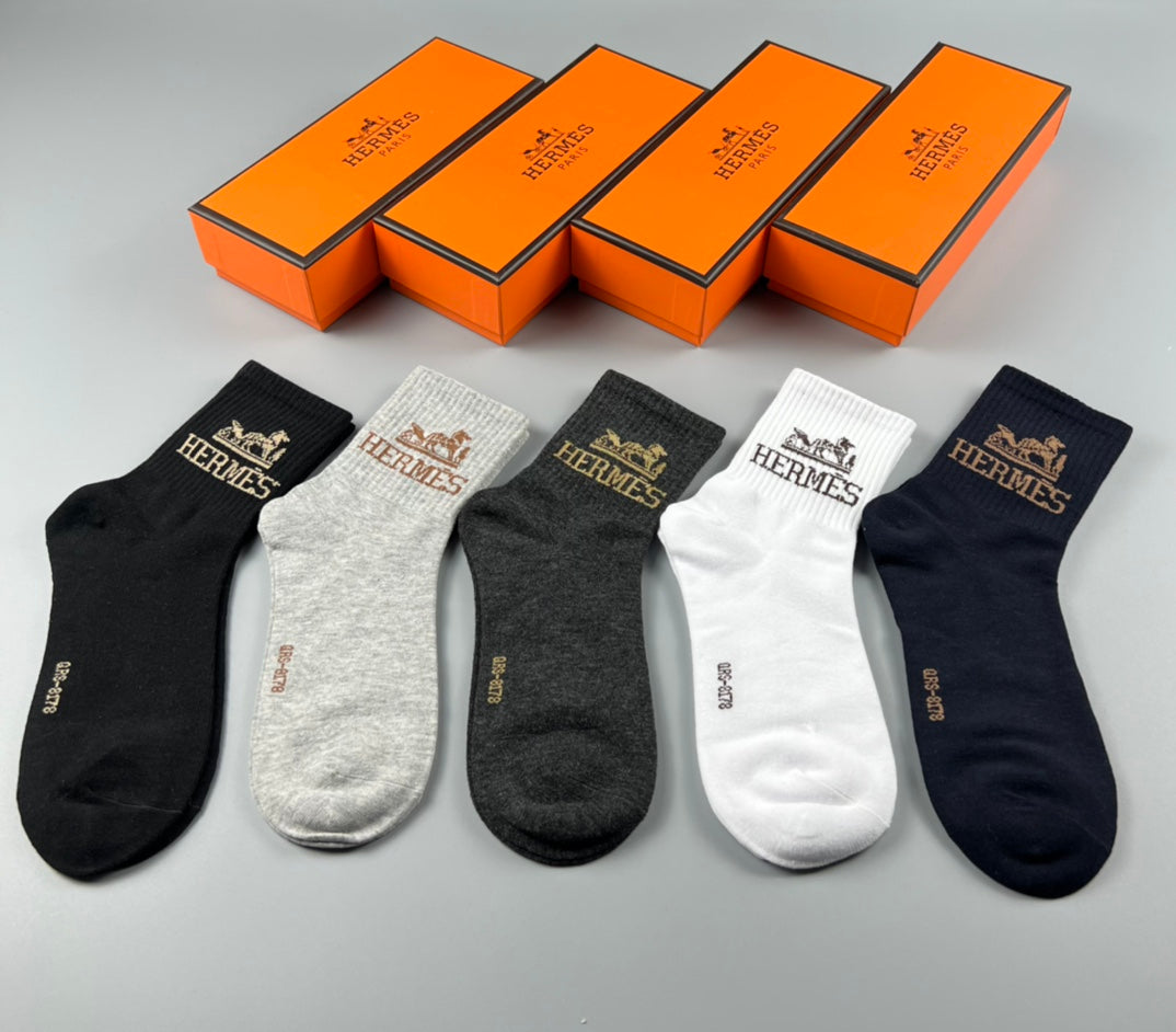 Hermes Cotton Visible Embroidered Logo Details Crew Socks - 5-Pair Set