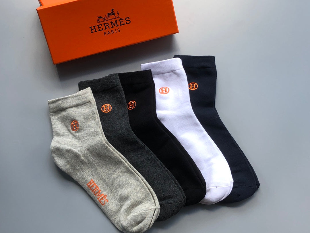 Hermes Embroidered Logo Mid-Calf Socks - 5-Pair Box