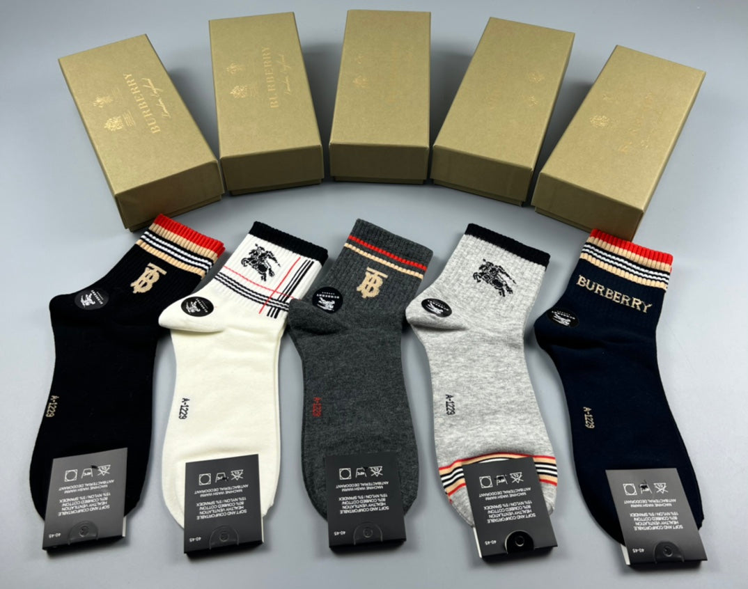 Burberry Cotton Simple Contrast Mid-Calf Socks - 5-Pair Set