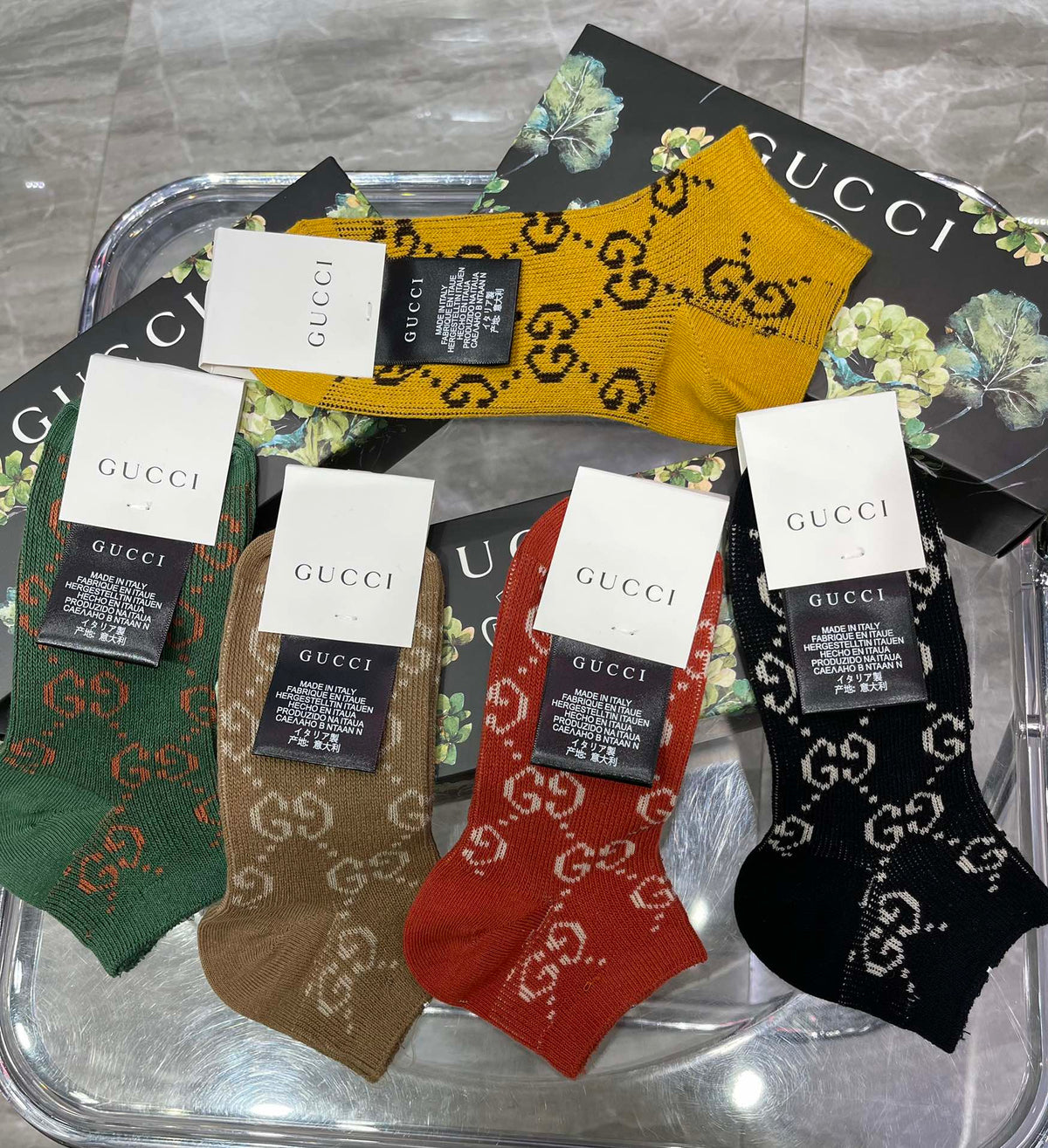 Gucci Floral-Box Monogram Crew Socks - Box of 5 Pairs