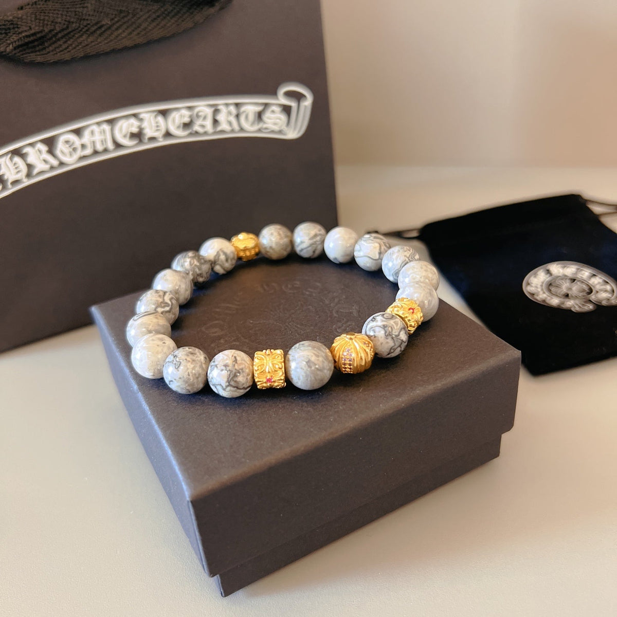 Martin Graham beaded bracelet in polished metal-tone – side detail