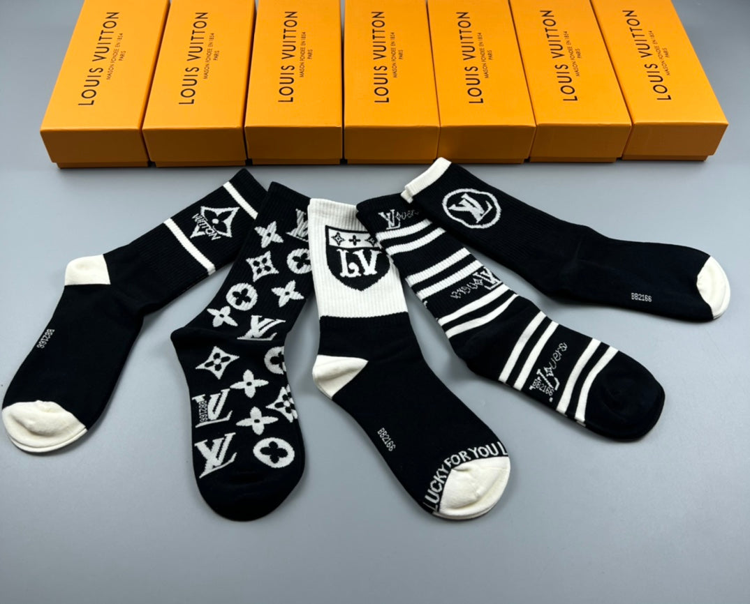 Louis Vuitton Cotton Varied Initial And Monogram-Style Graphics Crew Socks - 5-Pair Set
