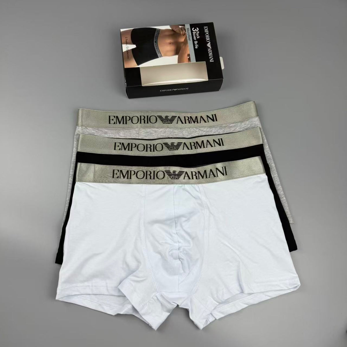 Armani Black, White & Grey Cotton Men's Boxer Briefs - 3-Piece Box