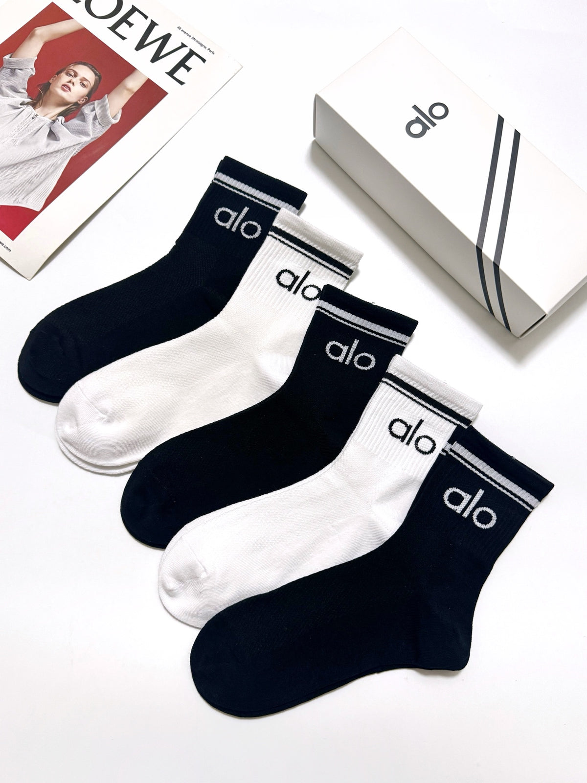 Alo Cotton Classic Letter Branding Crew Socks - 5-Pair Set