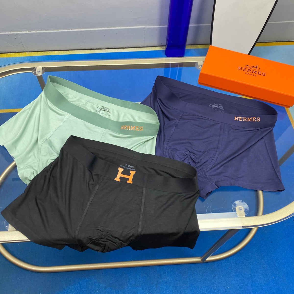 Hermes Blue, Green & White Tonal Waistbands Men's Boxer Briefs - 3-Piece Box