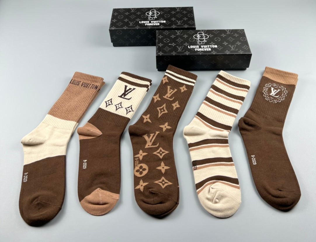 Louis Vuitton Cotton Stripes And Monogram-Style Motifs Crew Socks - 5-Pair Set