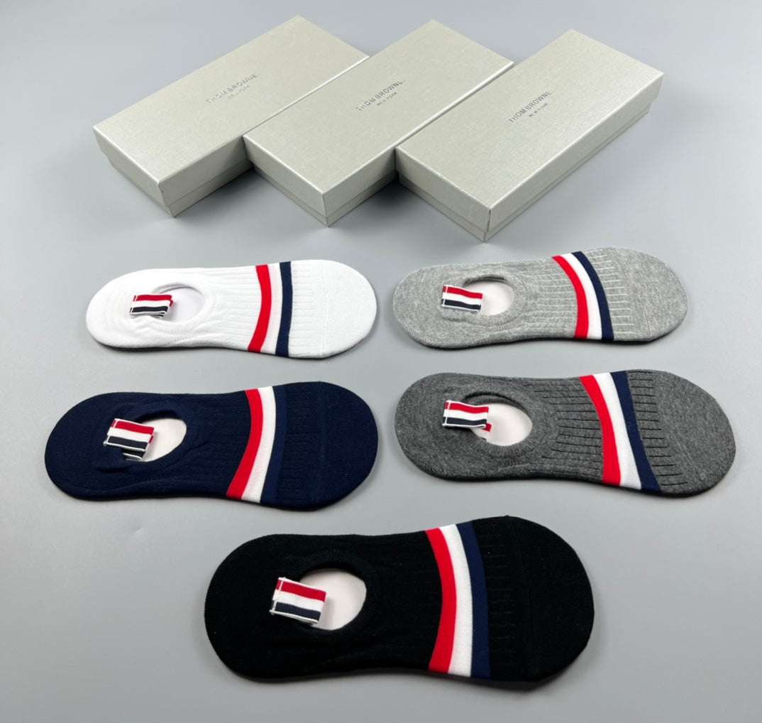 Thom Browne Cotton Visible Logo, Stripe Or Motif Details No-Show Socks - 5-Pair Set