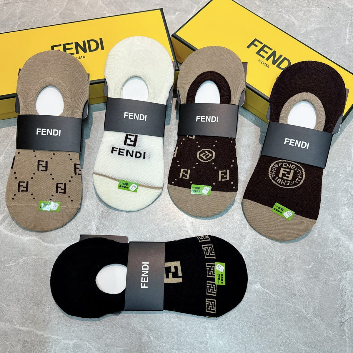 Fendi Cotton Visible Logo, Stripe Or Motif Details No-Show Socks - 5-Pair Set